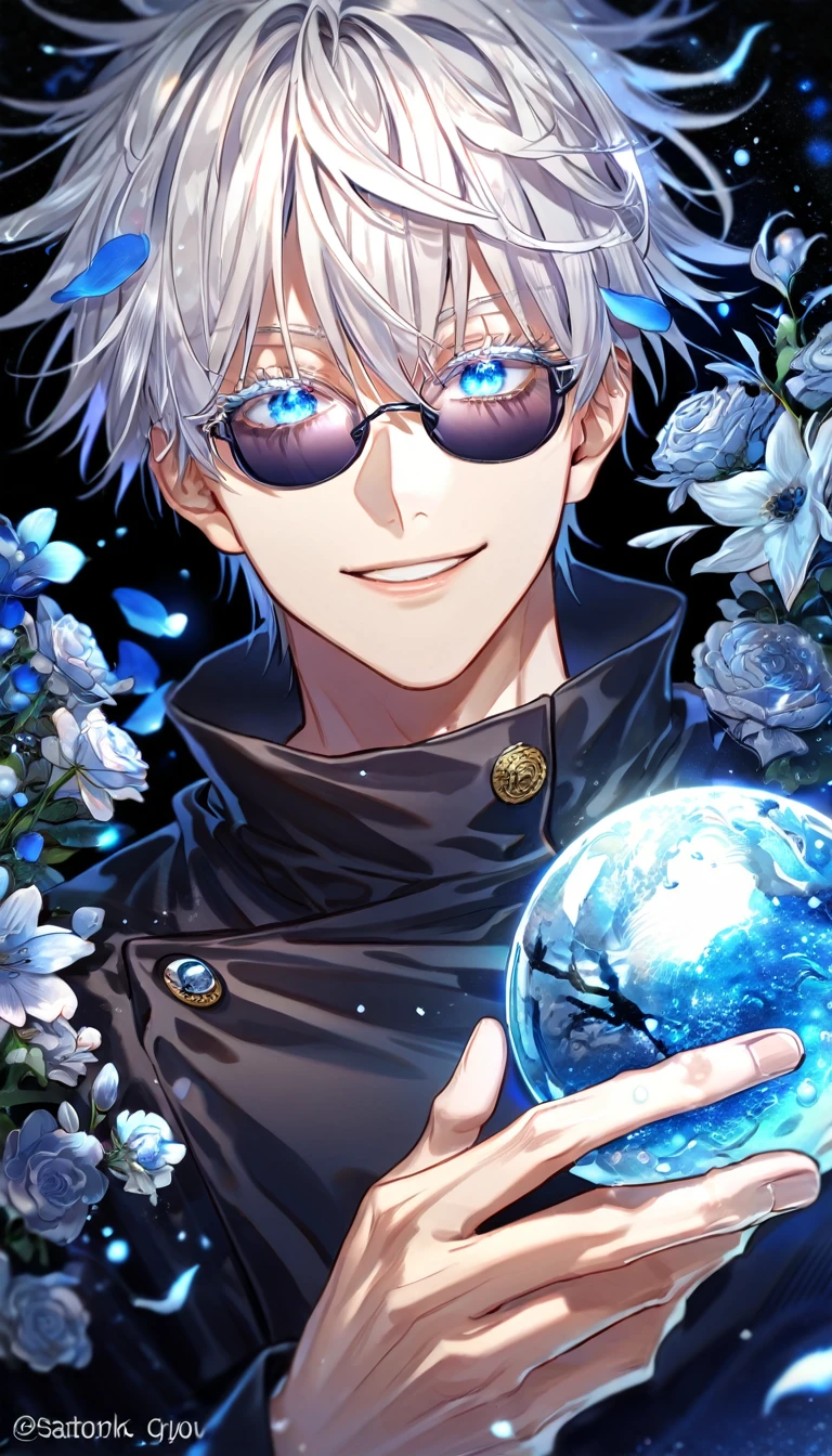 absurdres, highres, ultra detailed, HDR, master piece, Gojou Satoru, white hair with bangs, white eyelashes, expressive blue eyes, hair between the eyes, black shirt, Jujutsu Kaisen, man, handsome, best quality, blue moon, flowers, fantasy, magical, solo, water, blue shining fireflies, blue petals, Jujutsu Kaisen uniform, black round sunglasses, handsome smile
