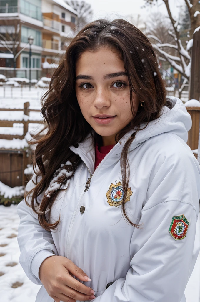 Colombian Portuguese girl cup of freckles on face in her twenties long curly hair in snowy down jacket