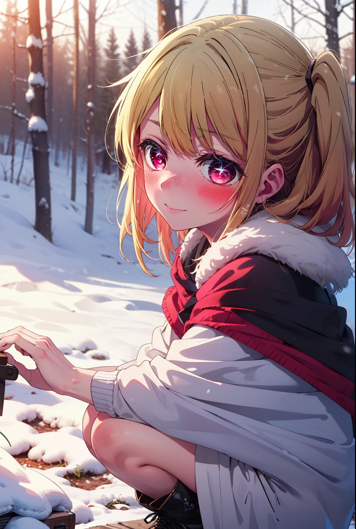 rubyhoshino, Hoshino Ruby, Long Hair, bangs, blonde, (Pink Eyes:1.3), Side Lock, (Symbol-shaped pupil:1.5), Multicolored Hair, Two-tone hair, smile,,smile,blush,white breath,
Open your mouth,snow,Ground bonfire, Outdoor, boots, snowing, From the side, wood, suitcase, Cape, Blurred, , forest, White handbag, nature, Squat, Mouth closed, Cape, winter, Written boundary depth, Black shoes, red Cape break looking at viewer, Upper Body, whole body, break Outdoor, forest, nature, break (masterpiece:1.2), Highest quality, High resolution, unity 8k wallpaper, (shape:0.8), (Beautiful and beautiful eyes:1.6), Highly detailed face, Perfect lighting, Highly detailed CG, (Perfect hands, Perfect Anatomy),