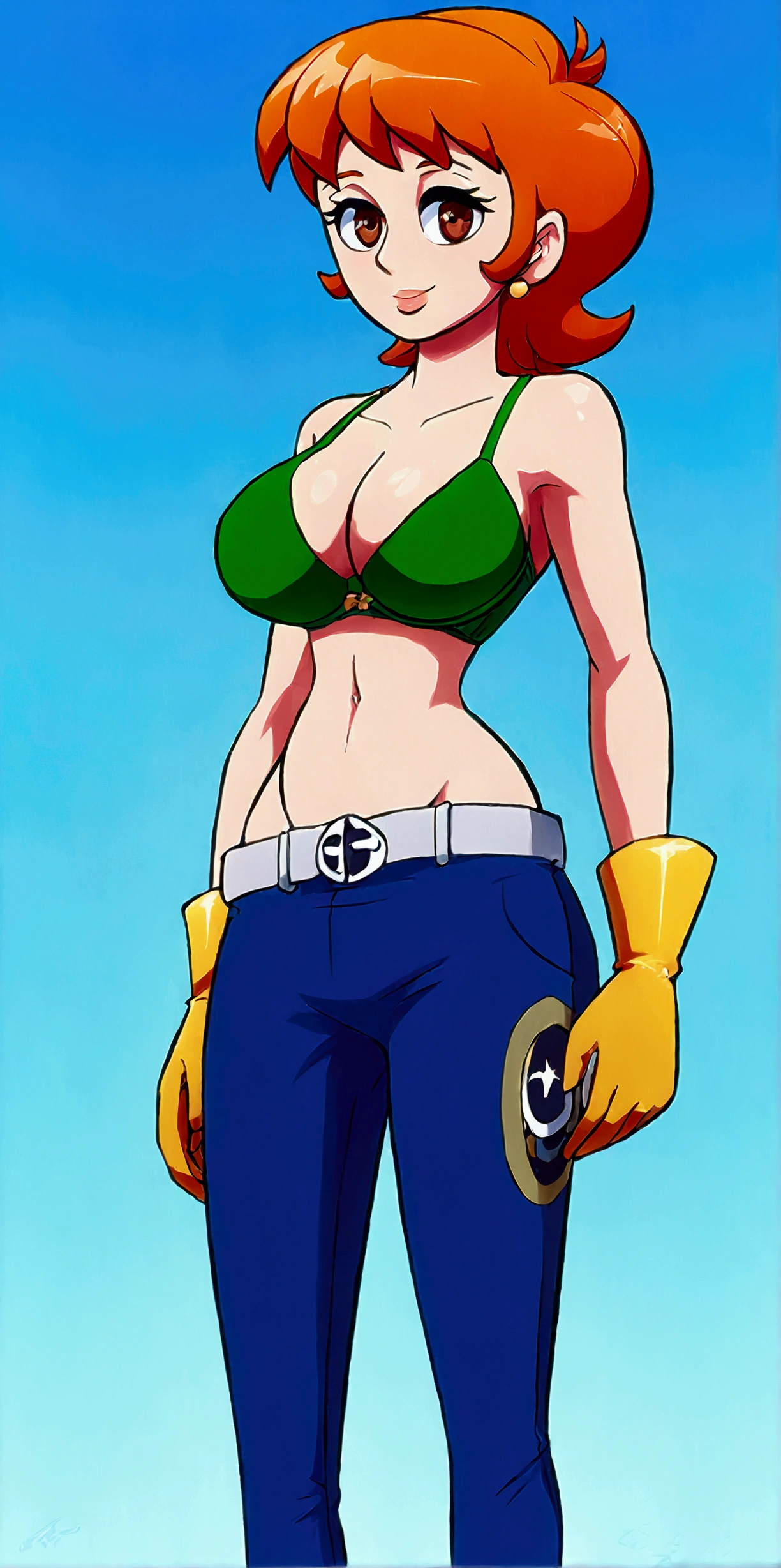 A sexy woman, sensual, beautiful beauty, big breast, short orange hair, squares her brown eye, wearing a green bra and dark green metallic pants, green heels, and a yellow glove.