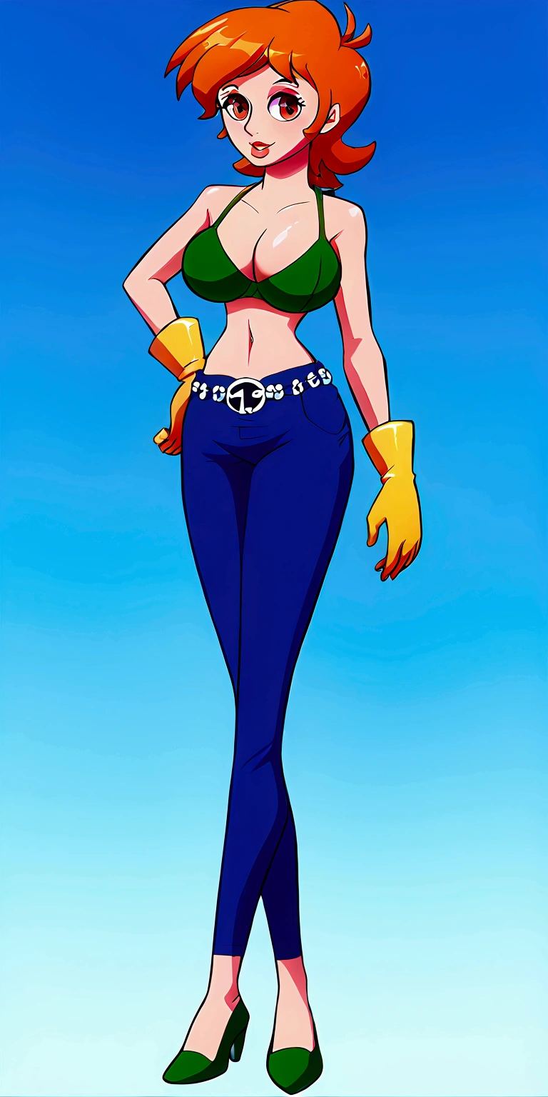 A sexy woman, sensual, beautiful beauty, big breast, short orange hair, squares her brown eye, wearing a green bra and dark green metallic pants, green heels, and a yellow glove.