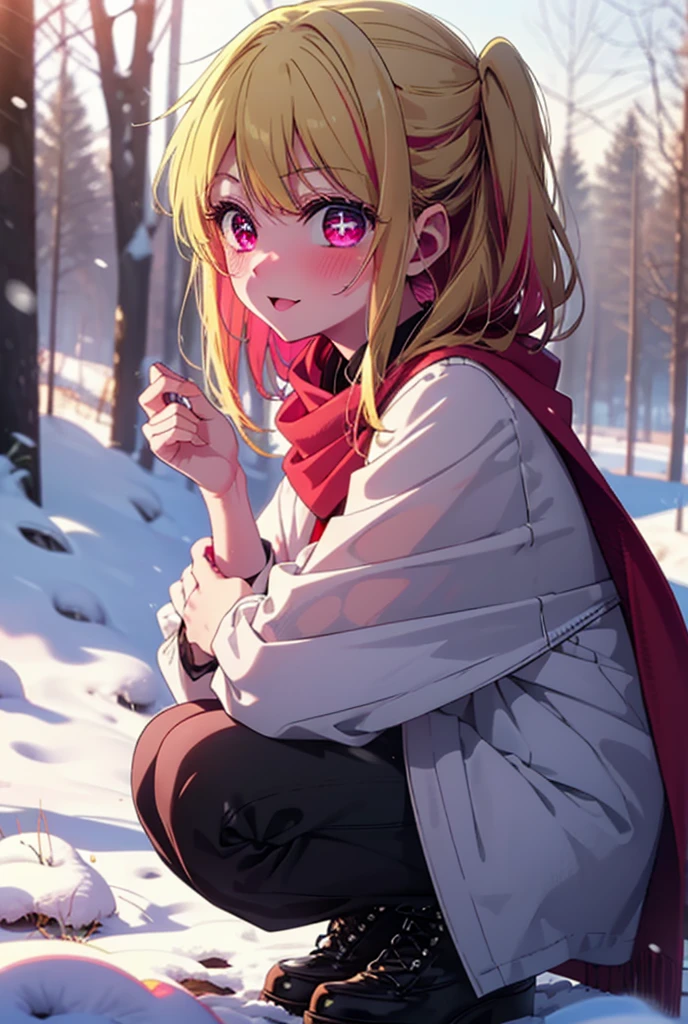 rubyhoshino, Hoshino Ruby, Long Hair, bangs, blonde, (Pink Eyes:1.3), Side Lock, (Symbol-shaped pupil:1.5), Multicolored Hair, Two-tone hair, smile,,smile,blush,white breath,
Open your mouth,snow,Ground bonfire, Outdoor, boots, snowing, From the side, wood, suitcase, Cape, Blurred, , forest, White handbag, nature, Squat, Mouth closed, Cape, winter, Written boundary depth, Black shoes, red Cape break looking at viewer, Upper Body, whole body, break Outdoor, forest, nature, break (masterpiece:1.2), Highest quality, High resolution, unity 8k wallpaper, (shape:0.8), (Beautiful and beautiful eyes:1.6), Highly detailed face, Perfect lighting, Highly detailed CG, (Perfect hands, Perfect Anatomy),