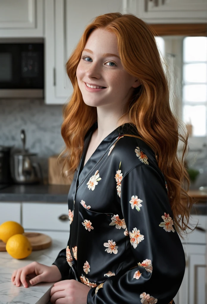 (best quality,4k,8k,highres,masterpiece:1.2), ultra-detailed, full body, (realistic,photorealistic,photo-realistic:1.37), hyper-realistic art, detailed background, a 15-year-old girl, beautiful fair skin with Irish facial features, long ginger hair, wearing very short black silk pajamas open to the waist, in the kitchen, with her back turned towards the viewer, looking over her shoulder at the viewer, leaning on the kitchen table, looking  at the viewer, smiling  at the viewer.