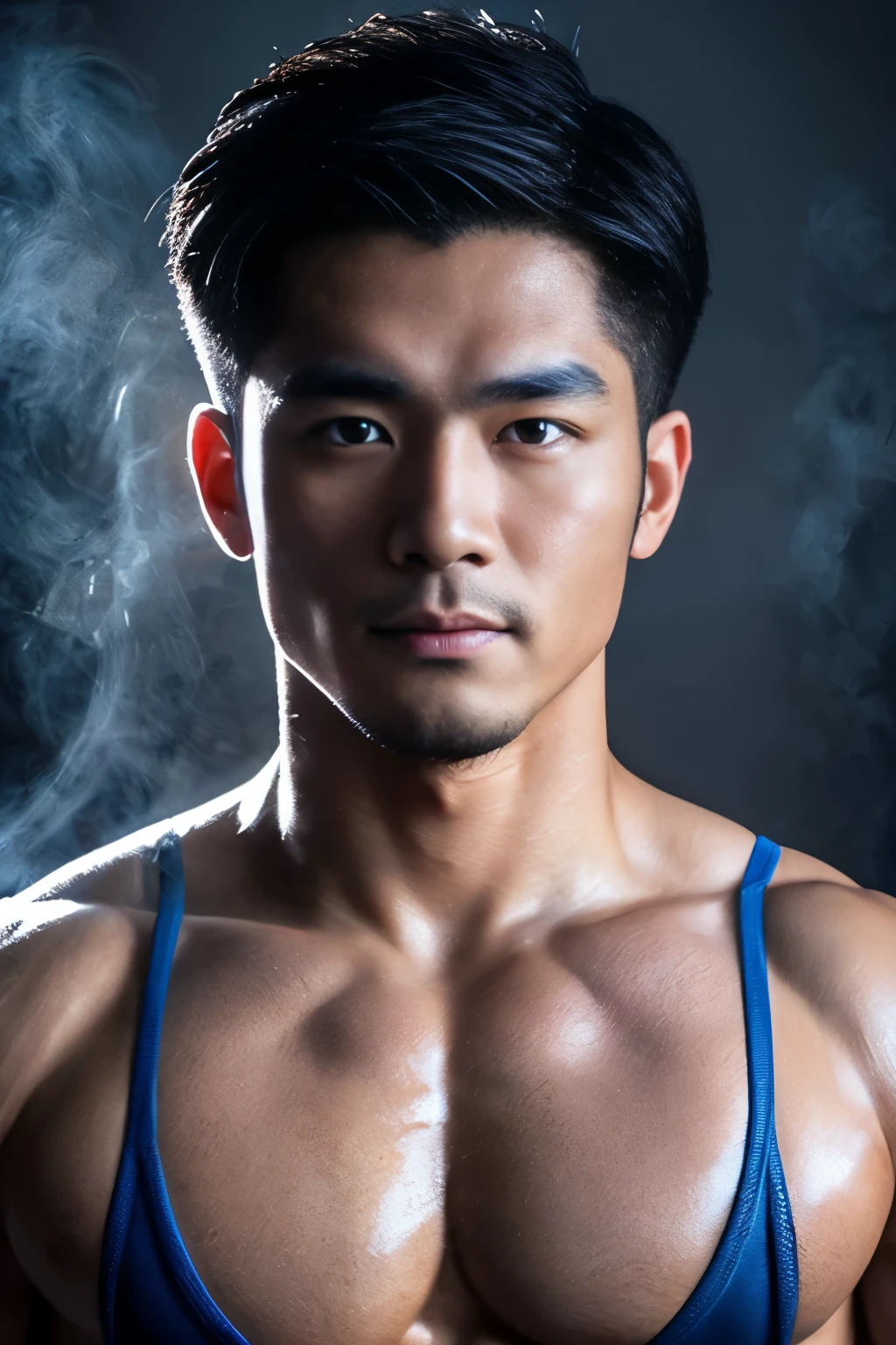A chinese man with blue mists surrounding his eyes. Hunky, beefy, muscled, wide, hunk, muscular chest andsix packs, wearing a black micro thong. There's a unnatural diamond-blue glow in his eyes