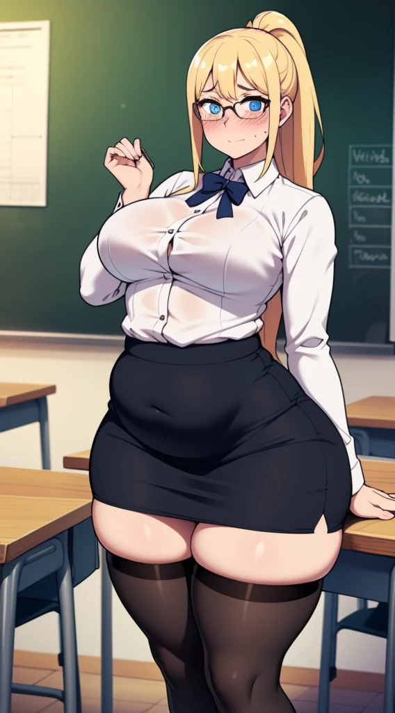 , ((highres)),Masterpiece, high quality, best quality, beautiful, perfect lighting, detailed face, ultra cute face, ((1girl)), ((solo), long blonde hair, ponytail, blue eyes, glasses, embarrassed look, masochist, aroused, ((blush)), looking at viewer, arms crossed, standing in a classroom, (classroom), daytime, dress shirt, pencil skirt, (tight clothes), ((chubby)), (thigh highs), (wide hips), ((thick thighs)), medium breasts, perky breasts, 24 year old female,