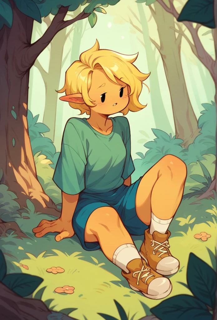 Create an image of a blonde girl, wearing yellow clothes. Based on Adventure Time style, sitting in the forest. 