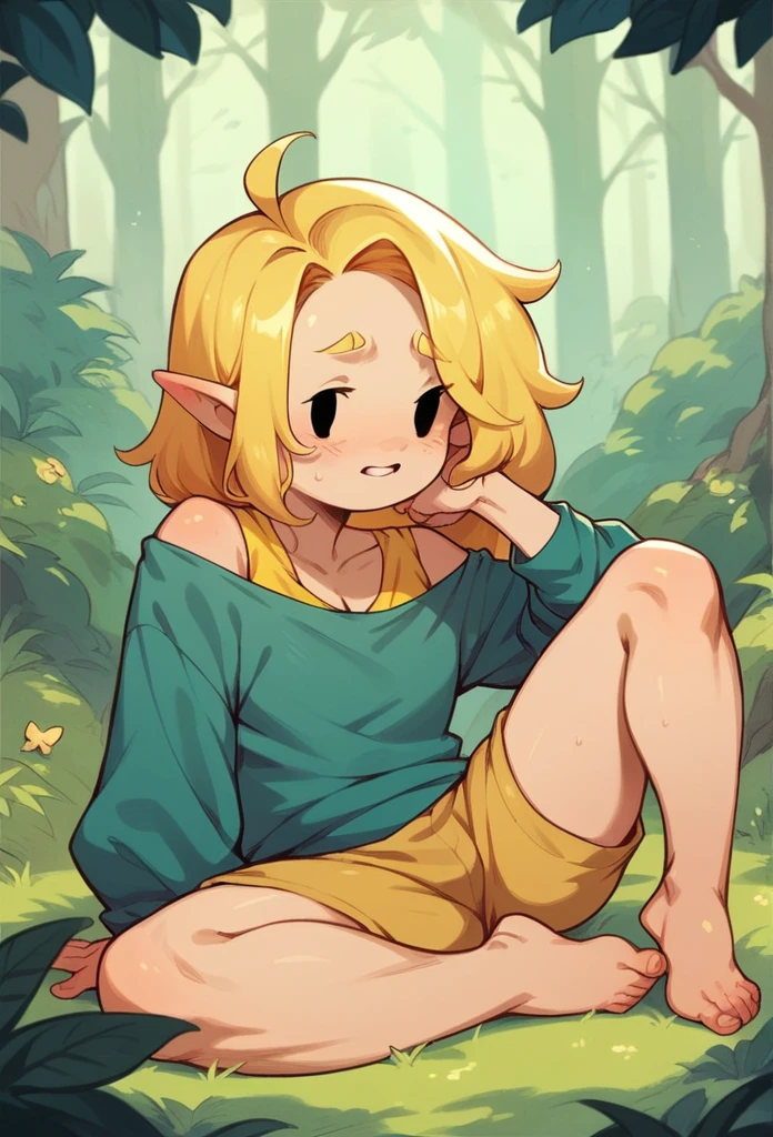 Create an image of a blonde girl, wearing yellow clothes. Based on Adventure Time style, sitting in the forest.