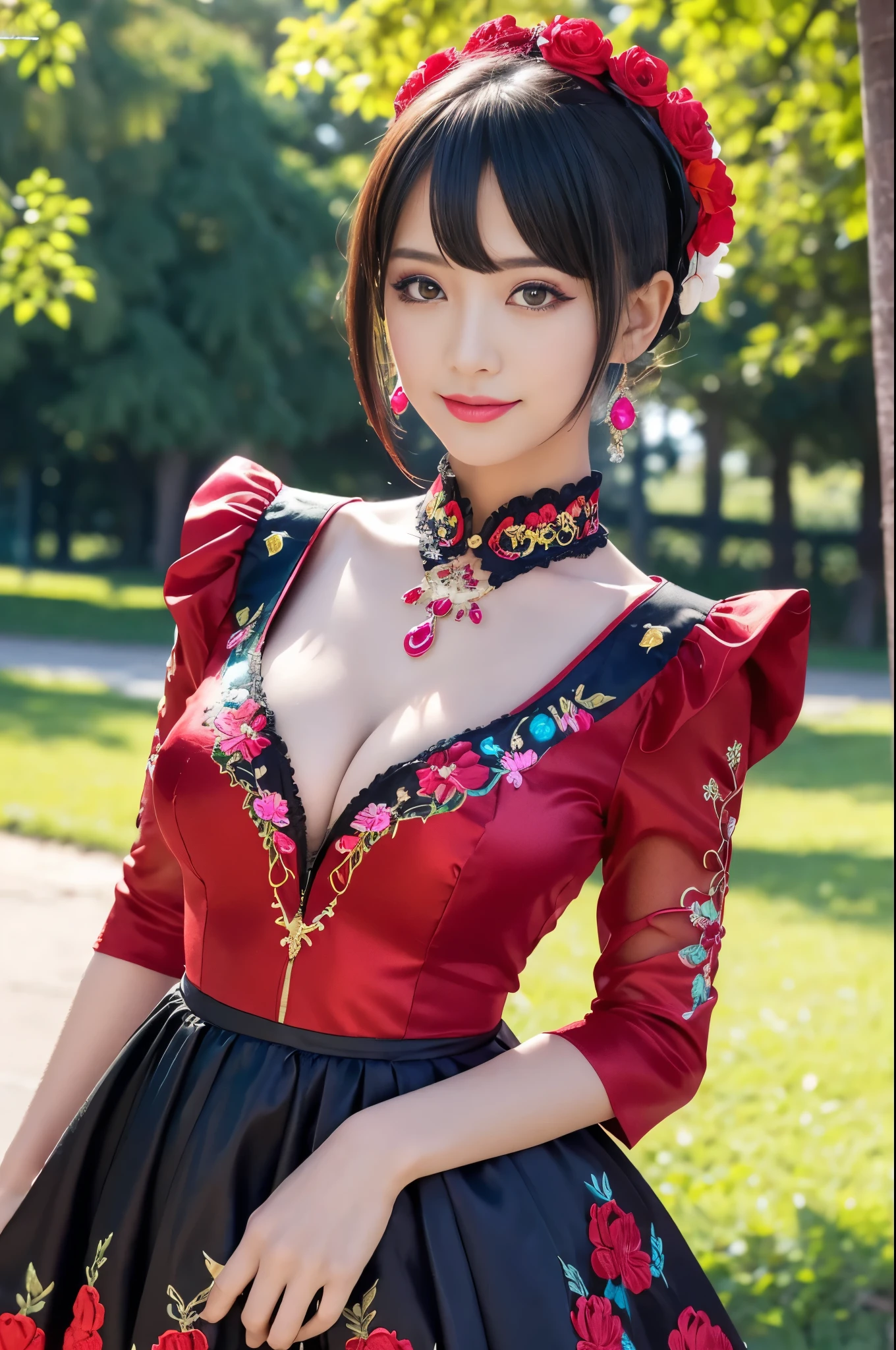 (masterpiece:1.4), (best quality:1.4), ultra high res, ultra high resolution, ((detailed facial features)), HDR, (realistic, photorealistic, photo-realistic:1.37), full body Esbian, sexy swedish model, (-anime), only 1 model, vivid colors, ((vivid colors multicolor very short hair)), (seductive smile), lip-gloss, long lashes, defined eyebrows, wearing large sparkling colorful jewelery, wearing a red silk Paradise Kiss cosplay dress with black floral embroidery, ((vivid colors outfit)), vivid colors, look at the camera, cinematic light, large park background with trees, sweet and sexy pose