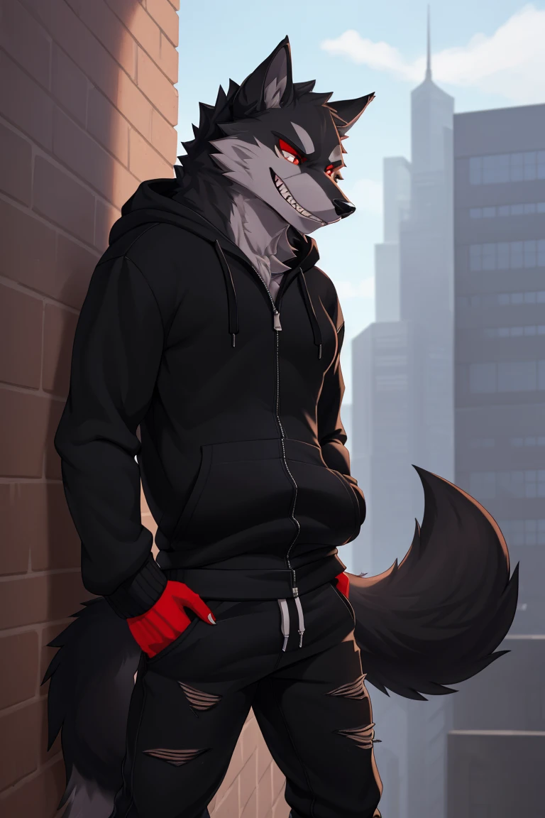 (4k , ultra detailed , flat colored)Furry werewolf , black wolf，Wear a black zip up hoodie，((hoodie is unzipped)) , dark grey pants , wolf tail , 1tail , tail on waist , malicious grin , blood red eyes , standing over a building ledge