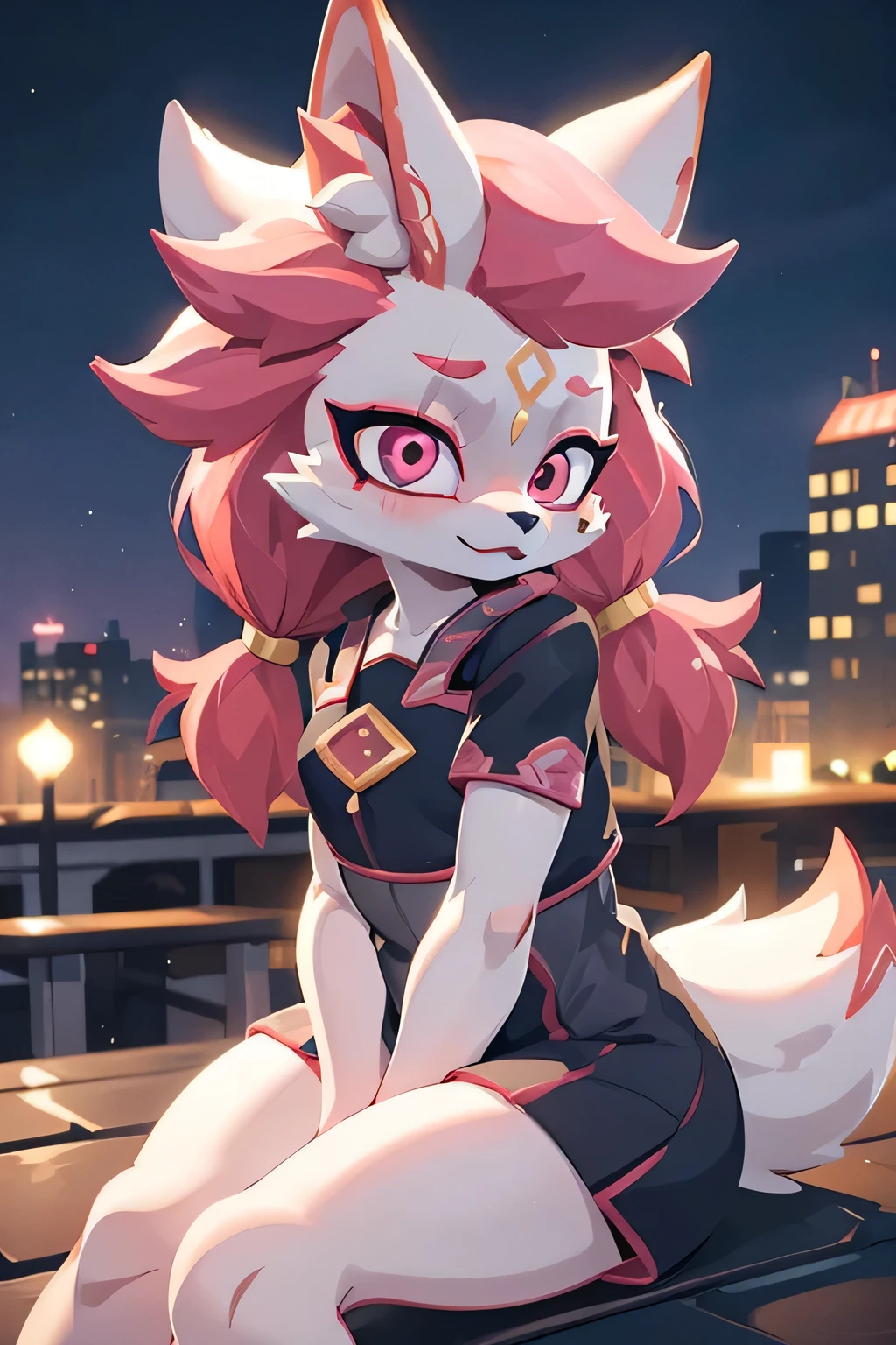 kimiko, furry female anthro, fox girl, white body fur, Pink hair, solo, body fur, (best quality), cinematic lighting, masterpiece, perfect hair, sitting on the roof of a skyscraper in city, profile view to the viewer, thoughtful, dreamy, light smile, evening, lights on buildings, urban, glowing eyes, dressed