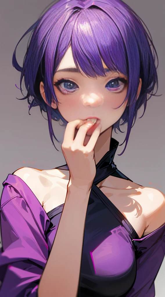Top Quality, 8K, 4K, High Definition, Detail, (better-quality, 8K, 12), top-quality, 1 girl, purple short hair, half body, eating face, one hand on her face,
