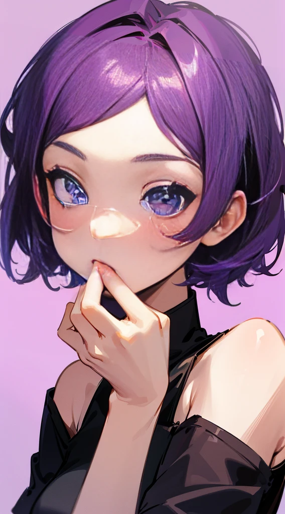 Top Quality, 8K, 4K, High Definition, Detail, (better-quality, 8K, 12), top-quality, 1 girl, purple short hair, half body, eating face, one hand on her face,