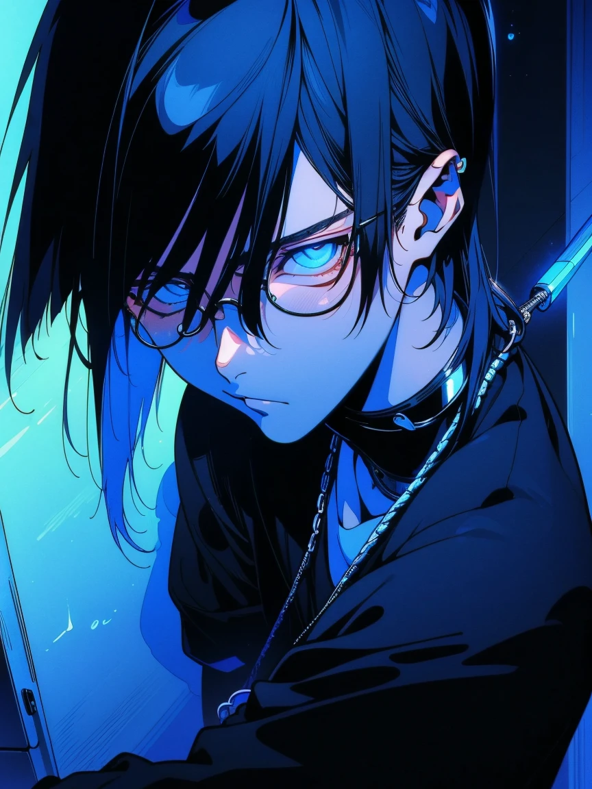 16-year-old boy with bangs,light muscular, Black hair,blue neon forelock, Shoulder-length hair,Black pants,White T-shirt, Glasses,Cool contemplative expression,Line art,Suspension fittings.