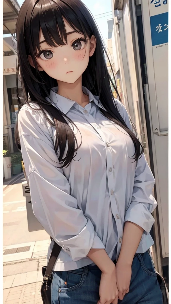 (((masterpiece))), (((best quality))), ((ultra-detailed)), (highly detailed CG illustration), (masterpiece:1.5), Detailed Photo, innocent shy, (Best Quality: 1.4), (1girl), Beautiful Face, (Black Hair, long Hair: 1.3), Beautiful Hairstyle, beautiful detail eyes, (realistic skin), beautiful skin, absurd, attractive, ultra high resolution, high definition, shy pose, full body view,Beautiful , white background, pink soft white light, pink pajama, busty breast,see through nipple, nipple out,(hair over one eye:1.4), Messy hair,hair between eyes,pubic hair pussy, dense pubic Hairy pussy .
