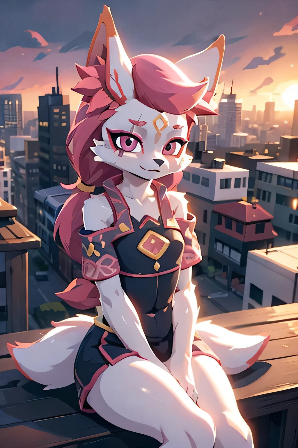 kimiko, furry female anthro, fox girl, white body fur, Pink hair, solo, body fur, (best quality), cinematic lighting, masterpiece, perfect hair, sitting on the roof of a skyscraper in city, evening sunset, lights on buildings, urban, dressed, admiring the sunset