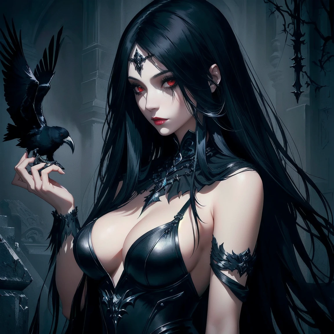 a woman with long black hair and a raven on her shoulder, dark fantasy style art, dark fantasy character design, dark fantasy art, in style of dark fantasy art, dark fantasy style, dark witch character, dark sorceress, dark fantasy mixed with realism, dark witch, gothic fantasy art, a beautiful sorceress, dark fantasy concept art, beautiful sorceress