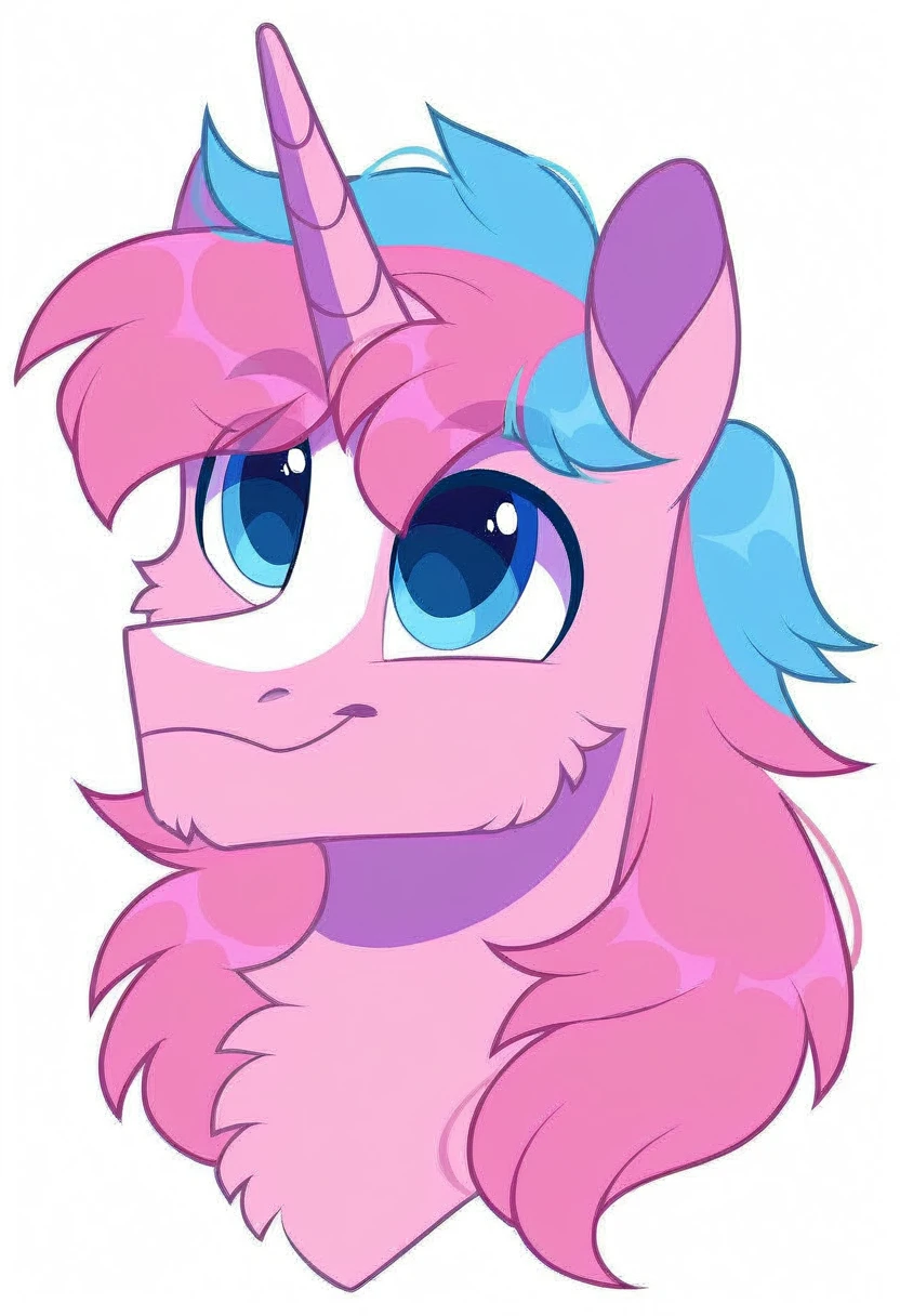 rating_safe, score_9, a cute male pony, blue eyes, fluffy, light pink body, bicolour mane, silver and pink two-tone hair, unicorn pony, white background, portrait