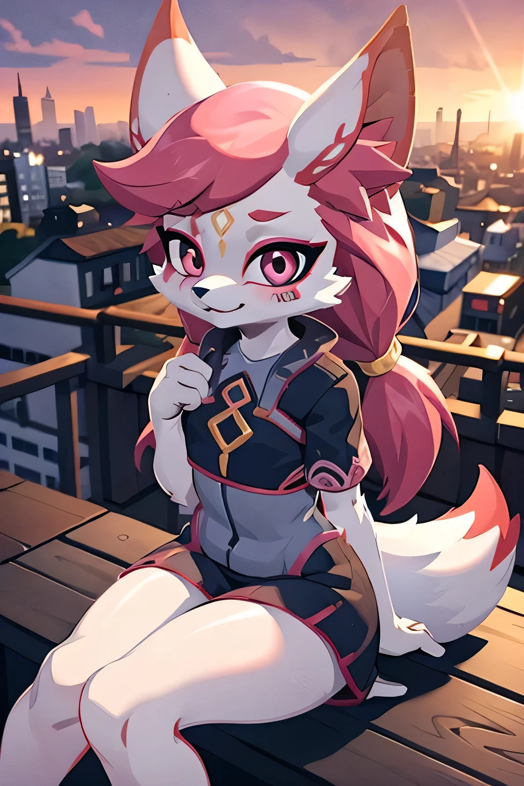 kimiko, furry female anthro, fox girl, white body fur, Pink hair, solo, body fur, (best quality), cinematic lighting, masterpiece, perfect hair, sitting on the roof of a skyscraper in city, thoughtful, dreamy, light smile, evening sunset, lights on buildings, urban, glowing eyes, dressed, admiring the sunset, can't see the camera