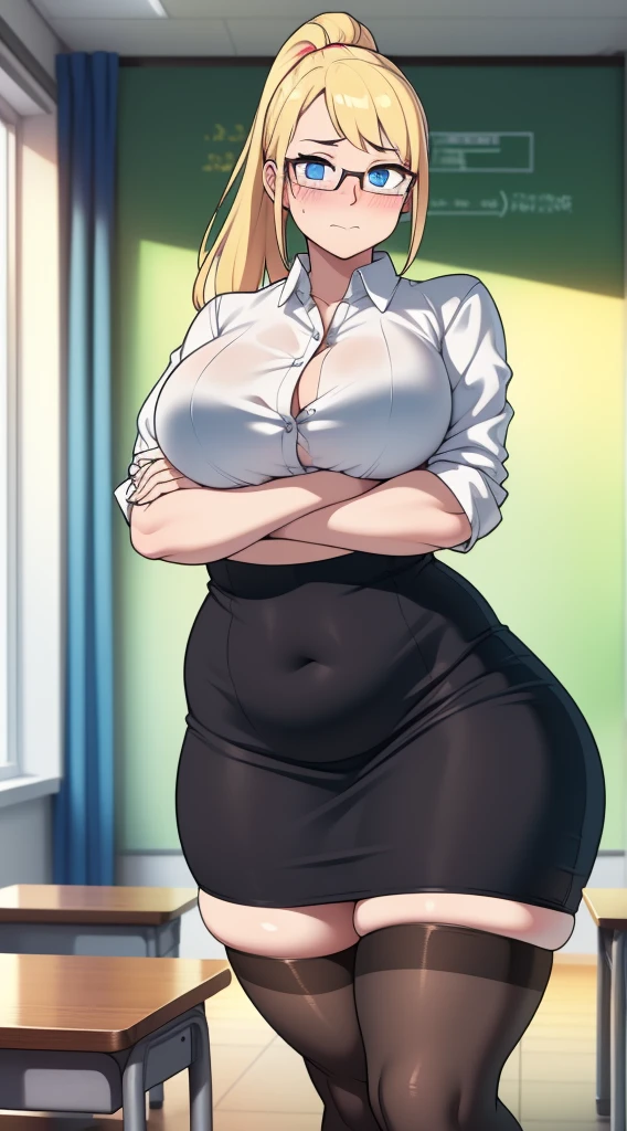 , ((highres)),Masterpiece, high quality, best quality, beautiful, perfect lighting, detailed face, ultra cute face, ((1girl)), ((solo), long blonde hair, ponytail, blue eyes, glasses, embarrassed look, masochist, aroused, ((blush)), looking at viewer, arms crossed, standing in a classroom, (classroom), daytime, dress shirt, pencil skirt, (tight clothes), ((chubby)), (thigh highs), (wide hips), ((thick thighs)), medium breasts, perky breasts, 24 year old female,
