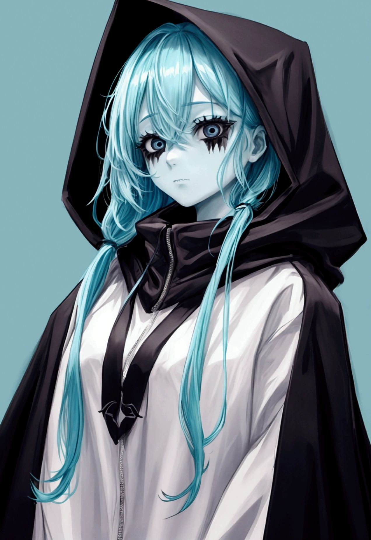 female boogie man with long cyan hair and black eyes with hood ,scary
