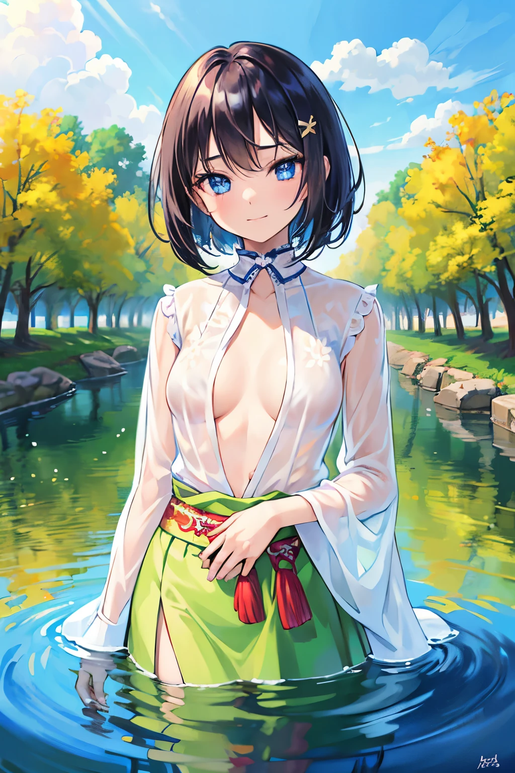 ((Highest quality)), ((masterpiece)), (detailed), (Japanese),, Black Hair,(Childish facBob Hair), Girl, small Breasts, ((toplesBlue eyes)),half-smile ,Sunlight, (extreme_close_up) , riverbank, flower garden,(See-through shirt),(Sheer shirt),