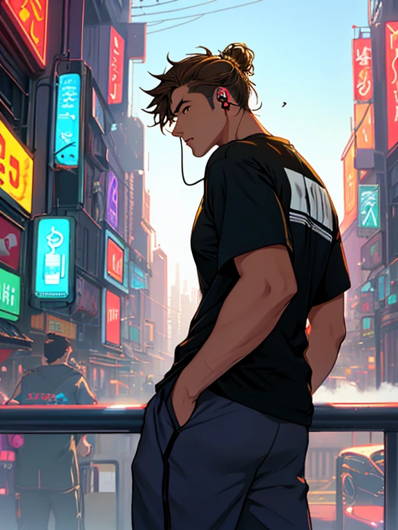 Solo hiena masculino, (Leaning on the railing),Antro urbano, (Cityscape with neon lights), from behind, (Wearing loose-fitting brown trousers and a tight-fitting t-shirt), (Listening to music through earphones), Ojos cerrados, (Auricular headphones covering his ears), onda de vapor (Rising steam), Neon cyberpunk striped sweatpants, (Saturno in the background with detailed shading), Dynamic blur (Background of the scene).

Five hienas, masculinos, (Basking in the sun),Antro selvático, (J