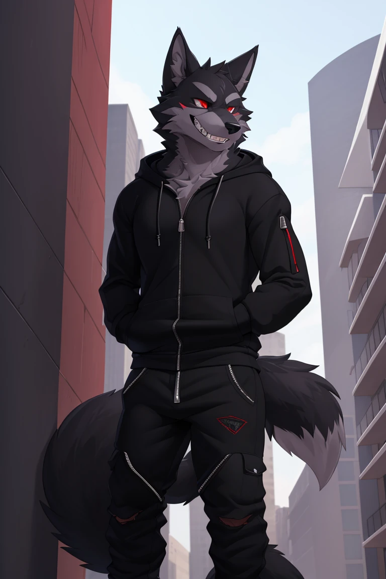 (4k , ultra detailed , flat colored)Furry werewolf , black wolf,Wear a black zip up hoodie,((hoodie is unzipped)) , dark grey pants , wolf tail , 1tail , tail on waist , malicious grin , blood red eyes , standing over a building ledge