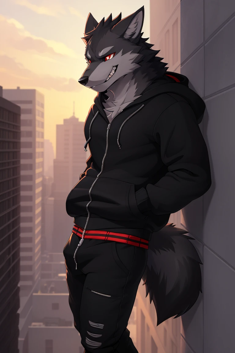 (4k , ultra detailed , flat colored)Furry werewolf , black wolf，Wear a black zip up hoodie，((hoodie is unzipped)) , dark grey pants , wolf tail , 1tail , tail on waist , malicious grin , blood red eyes , standing over a building ledge