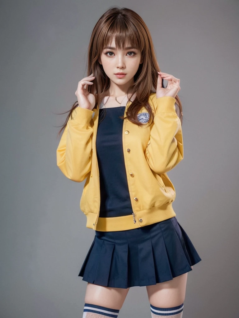 Kasumi, brown eyes, (best quality, ultra-detailed), (realistic:1.37), beautiful and detailed face, ultra-realistic texture, delicate face, delicate body, red lipstick, bright colors. High definition, 8K.