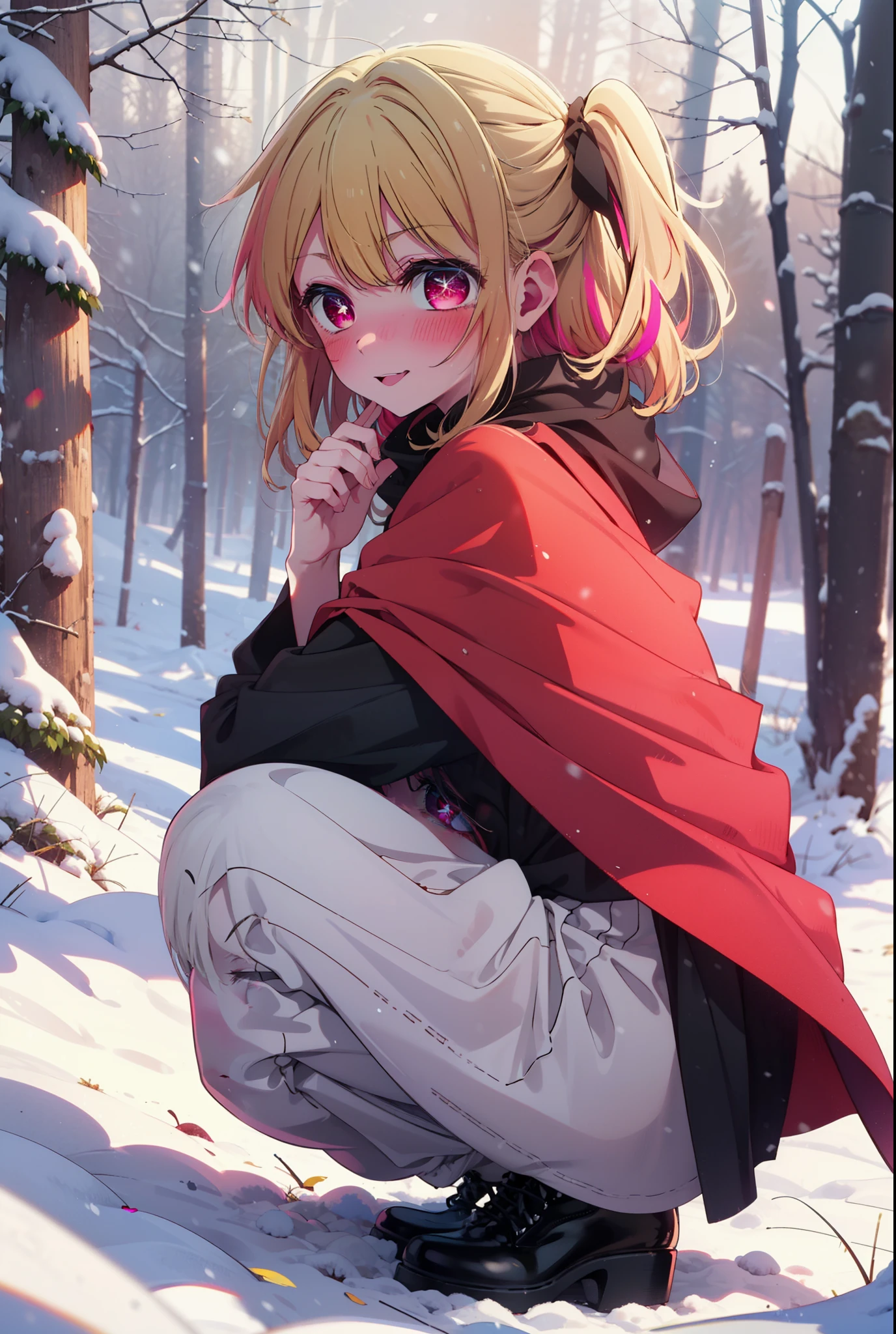 rubyhoshino, Hoshino Ruby, Long Hair, bangs, blonde, (Pink Eyes:1.3), Side Lock, (Symbol-shaped pupil:1.5), Multicolored Hair, Two-tone hair, smile,,smile,blush,white breath,
Open your mouth,snow,Ground bonfire, Outdoor, boots, snowing, From the side, wood, suitcase, Cape, Blurred, , forest, White handbag, nature, Squat, Mouth closed, Cape, winter, Written boundary depth, Black shoes, red Cape break looking at viewer, Upper Body, whole body, break Outdoor, forest, nature, break (masterpiece:1.2), Highest quality, High resolution, unity 8k wallpaper, (shape:0.8), (Beautiful and beautiful eyes:1.6), Highly detailed face, Perfect lighting, Highly detailed CG, (Perfect hands, Perfect Anatomy),