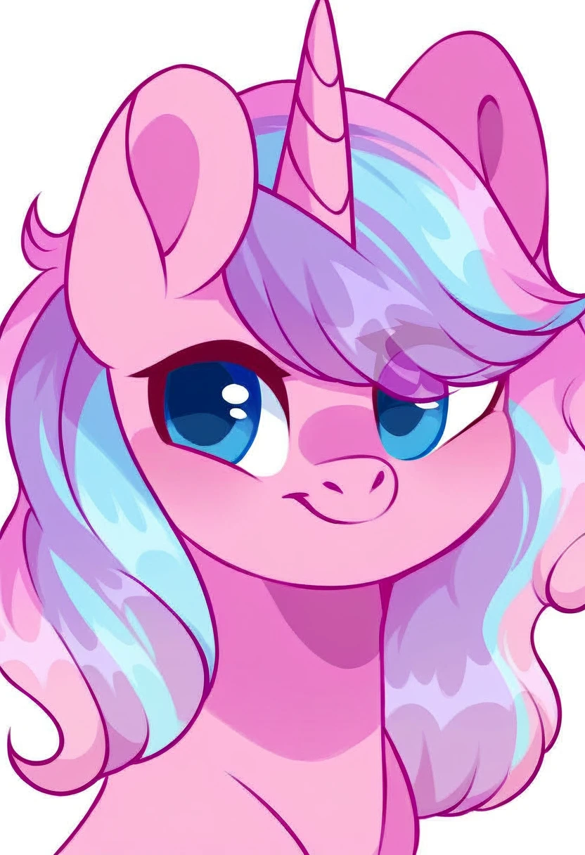 rating_safe, score_9, a cute male pony, blue eyes, fluffy, light pink body, bicolour mane, silver and pink two-tone hair, unicorn pony, white background, portrait