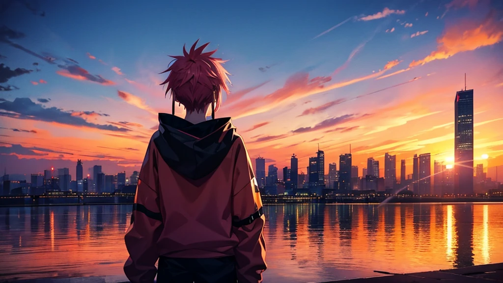 1 male，Spiky pink hair，cyber punk，orange hoodie，X JAPANのHIDE，back view，sunset，artistic