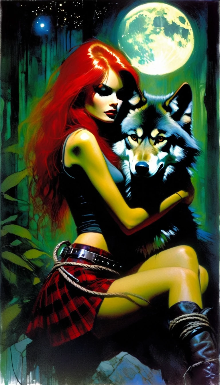 girl and her pet wolf, sexy girl, long red hair, punk look, plaid miniskirt, rope belt, tight t-shirt, sitting, magic, fantastic, night sky, moon, stars, background, in a thick jungle, oil painting, chiaroscuro, lighting sensual and dramatic, moody atmosphere, dark and melancholic, expressionistic, powerful composition, emotional impact, art inspired by Bill Sienkiewicz