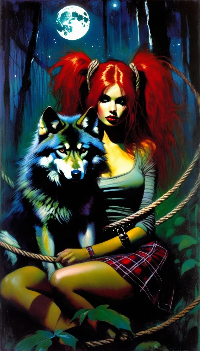 girl and her pet wolf, sexy girl, long red hair, punk look, plaid miniskirt, rope belt, tight t-shirt, sitting, magic, fantastic, night sky, moon, stars, background, in a thick jungle, oil painting, chiaroscuro, lighting sensual and dramatic, moody atmosphere, dark and melancholic, expressionistic, powerful composition, emotional impact, art inspired by Bill Sienkiewicz