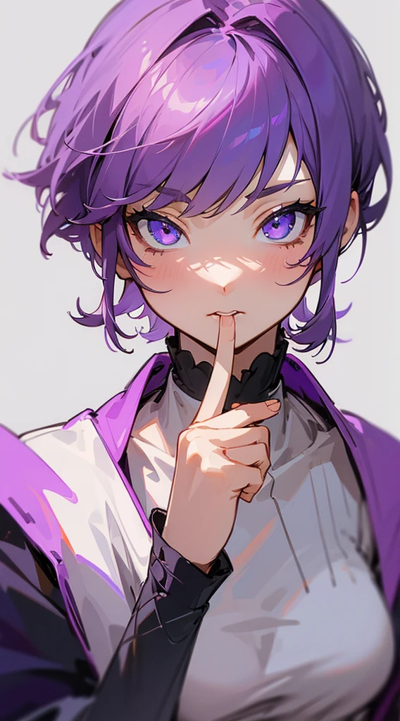 Top Quality, 8K, 4K, High Definition, Detail, (better-quality, 8K, 12), top-quality, 1 girl, purple short hair, half body, eating face, one hand on her face, anime