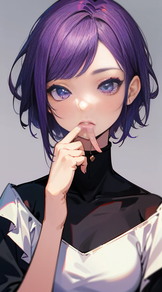 Top Quality, 8K, 4K, High Definition, Detail, (better-quality, 8K, 12), top-quality, 1 girl, purple short hair, half body, eating face, one hand on her face, anime