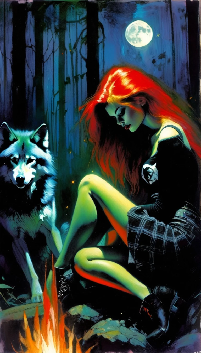 girl and her pet wolf, sexy girl, long red hair, punk look, plaid miniskirt, tight t-shirt, sitting next to a bonfire, magic, fantastic, night sky, moon, stars, background, in a thick jungle, oil painting, chiaroscuro, lighting sensual and dramatic, moody atmosphere, dark and melancholic, expressionistic, powerful composition, emotional impact, art inspired by Bill Sienkiewicz