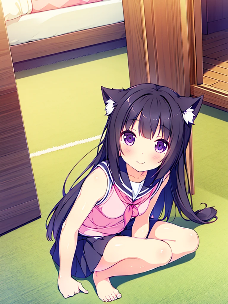 Elementary school girl, 8 years old, A cup breasts, black hair, long hair, purple eyes, smiling face(one person) Pink sleeveless top Black mini skirt and white panties((I can see her panties)) Barefoot Girls Room Sitting on the floor Dynamic angle Low angle nekomimi