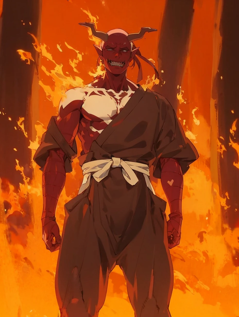 Demonic character with long horns exhaling fire
