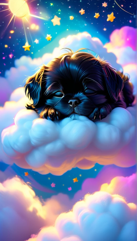 Adorable black shih tzu puppy sleeping on a cloud with stars in the background, Lisa Frankによるコンセプトアート, Trending on CGSociety, fur art, Dream animal cute eyes, Adorable digital painting, Beeple and Jeremiah Kettner, Cute and detailed digital art, Cute digital art, Lisa Frank, Lying in the fairyland of white clouds, Sweet dreams, A dreamlike night, Dreamy Art, 3D, Pixar style