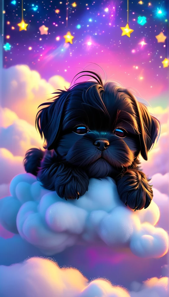 Adorable black shih tzu puppy sleeping on a cloud with stars in the background, Lisa Frankによるコンセプトアート, Trending on CGSociety, fur art, Dream animal cute eyes, Adorable digital painting, Beeple and Jeremiah Kettner, Cute and detailed digital art, Cute digital art, Lisa Frank, Lying in the fairyland of white clouds, Sweet dreams, A dreamlike night, Dreamy Art, 3D, Pixar style