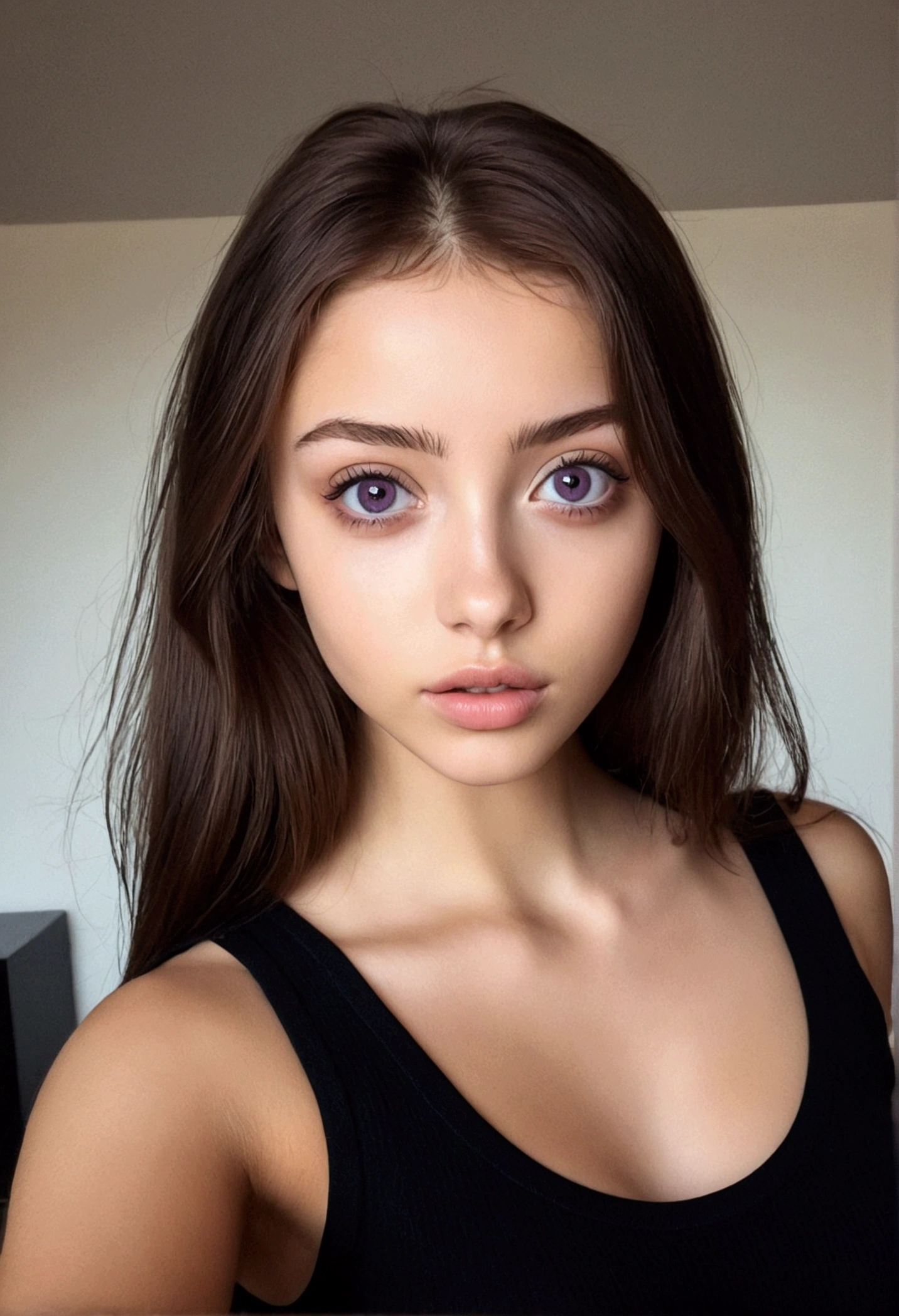 Arafed woman with black clothes, Sexy girl with brown eyes, Portrait Sophie Mudd, brown hair and big eyes, selfie of a young woman, Camera eyes, Violet Myers, without makeup, Natural makeup, looking directly at the camera, face with artgram, subtle makeup, Great full body photo, in the room, neckline