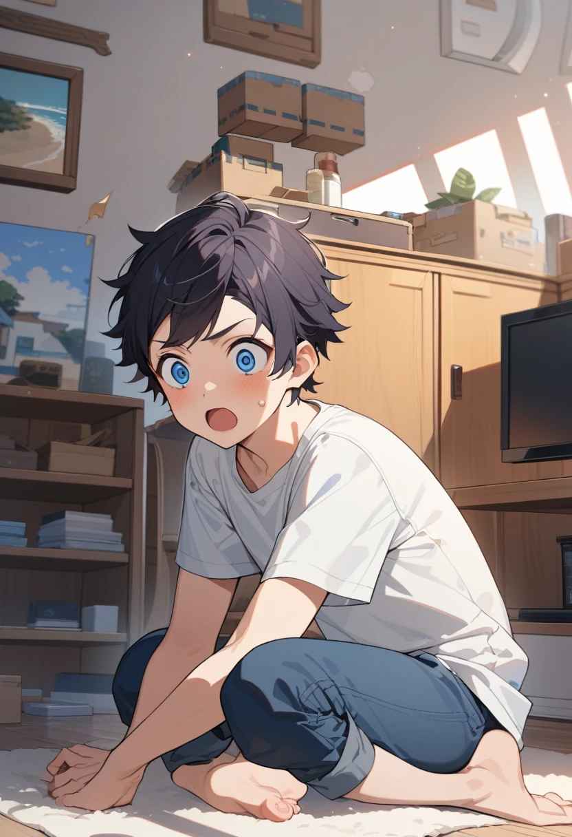 masterpiece, best quality, extremely detailed, ultra detailed, flat anime, 2D, ((1boy)),black hair, (short hair:1.5),blue eyes, height 1.7meters, (circle eyes:1.2), (young adult:1.2), Ear-length sideburns, long Sleeves, White T-shirt, barefoot, ((short sleeves)), ((long pants)), squatting, open mouth, summer, 12AM, livingroom,organizing the boxes., ((portrait)),full body,surprised