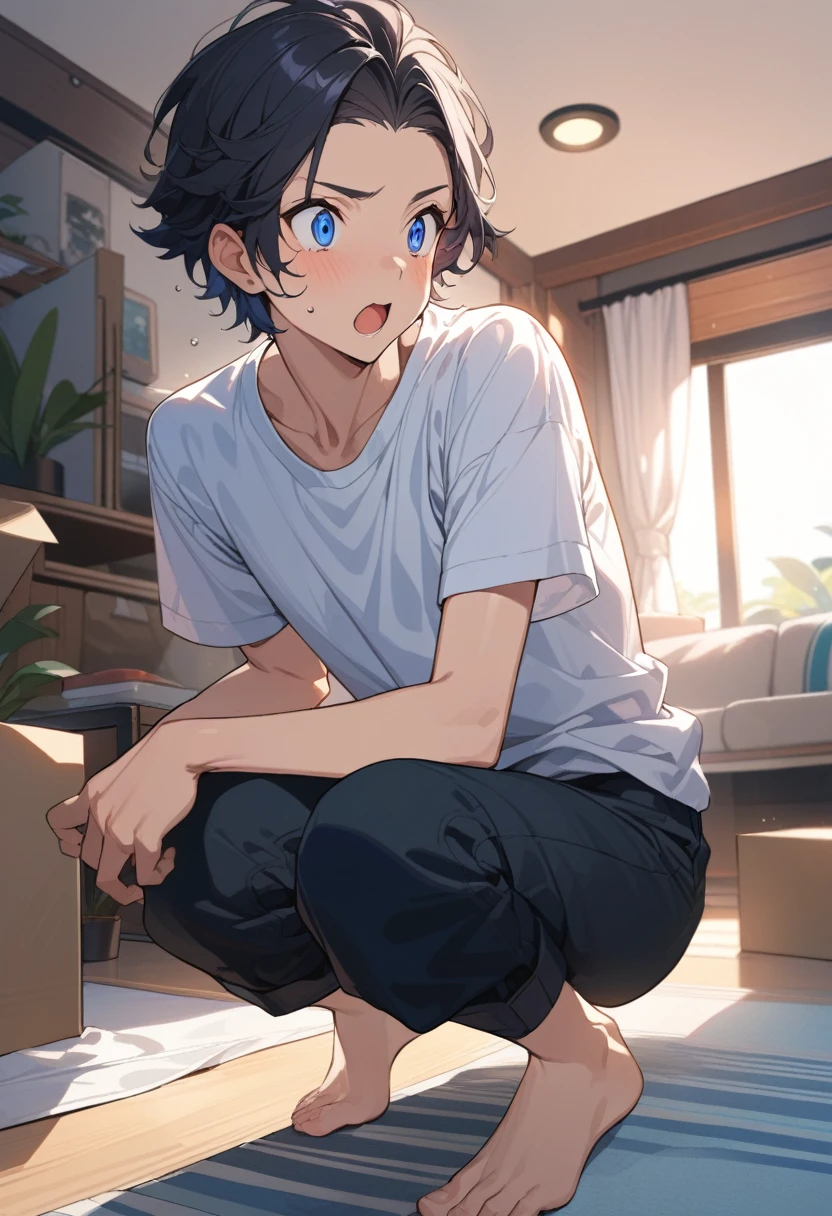 masterpiece, best quality, extremely detailed, ultra detailed, flat anime, 2D, ((1boy)),black hair, (short hair:1.5),blue eyes, height 1.7meters, (circle eyes:1.2), (young adult:1.2), Ear-length sideburns, long Sleeves, White T-shirt, barefoot, ((short sleeves)), ((long pants)), squatting, open mouth, summer, 12AM, livingroom,organizing the boxes., ((portrait)),full body,surprised