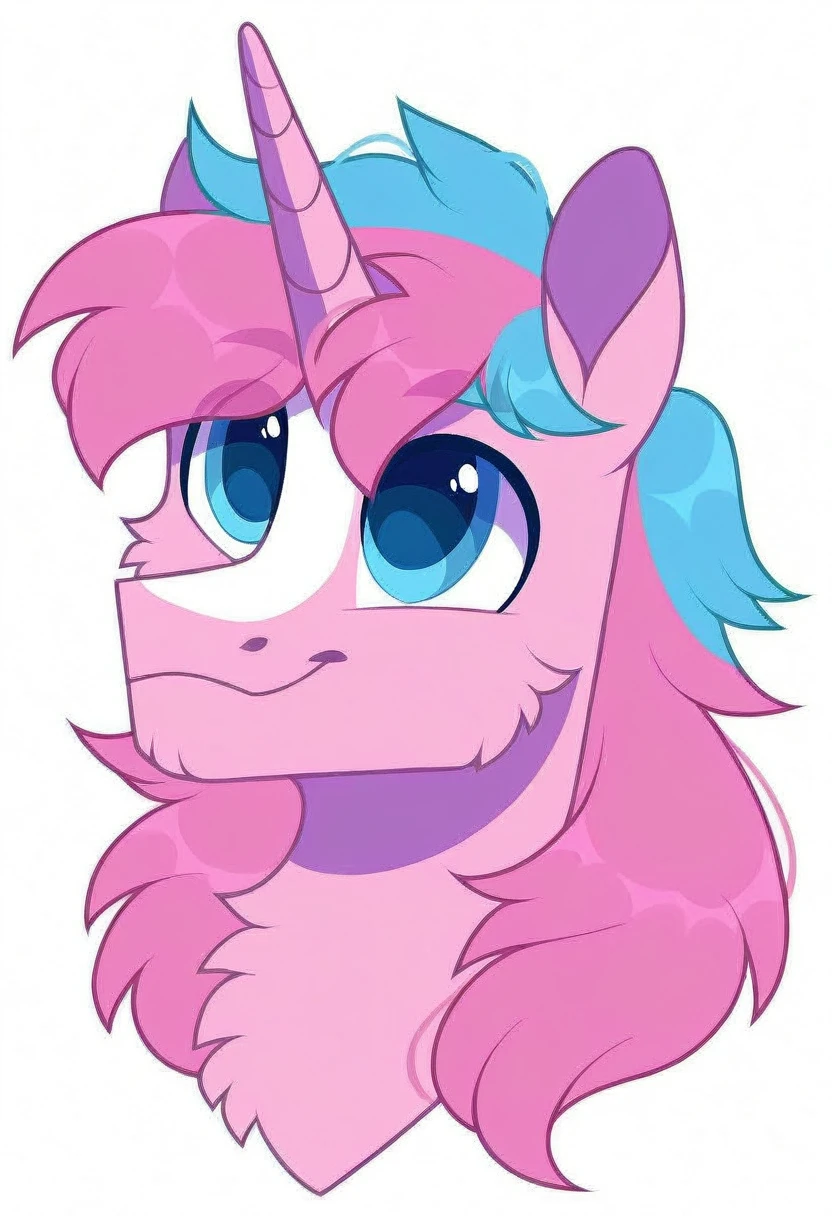 rating_safe, score_9, a cute male pony, blue eyes, fluffy, light pink body, bicolour mane, pink and white two-tone hair, unicorn pony, white background, portrait