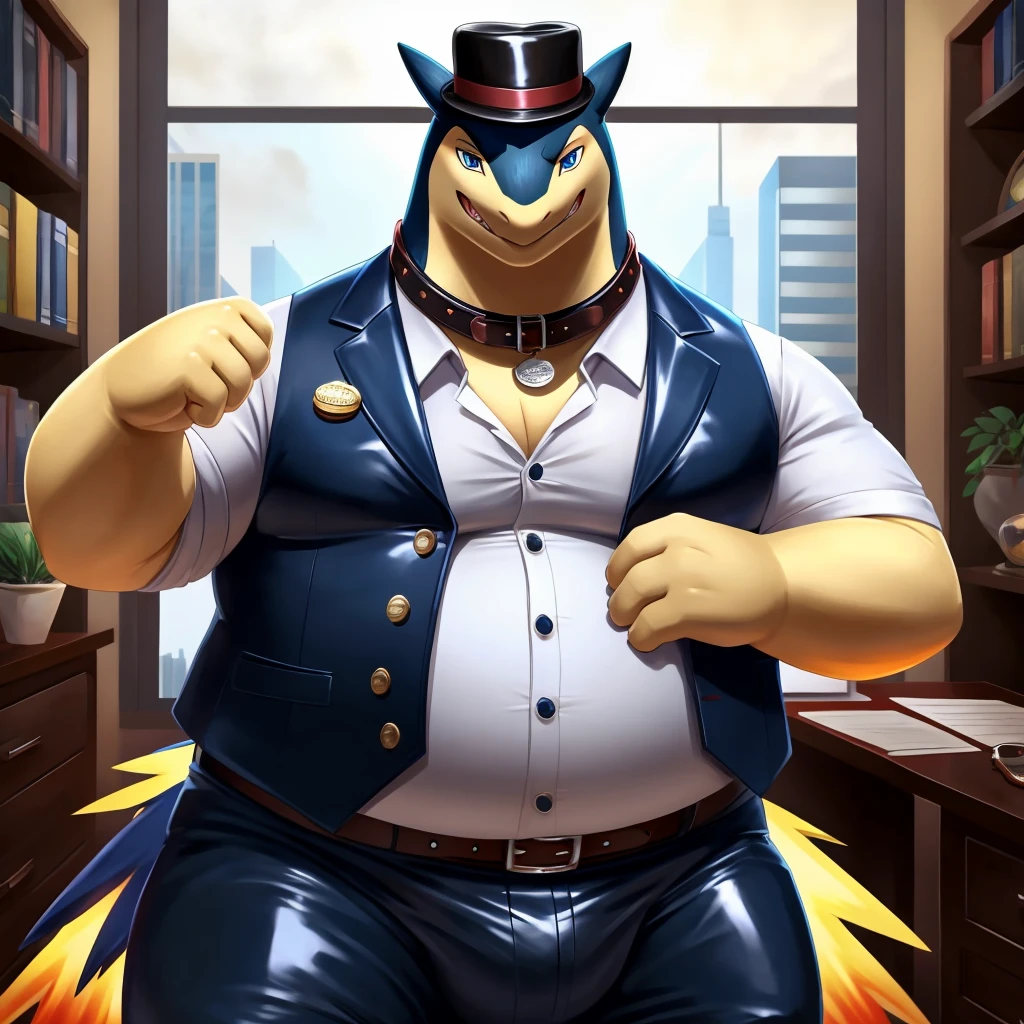 Solo, Male, fat, extremely obese, gentleman, dapper Professor Typhlosion, mob boss, blue eyes, (posing:1.3), (soft shading), 4k, hi res, ((detailed face, detailed)), looking at viewer, mouth wide open, dapper clothing, collared shirt with buttons, bowler hat, male focus, Explorer Outfit, glasses, monocle, vest with buttons, sleeves rolled up, round eyewear, brown headwear, brown vest, office, Typhlosion is wearing a glossy leather dog collar around the neck, Typhlosion is wearing the leather collar and shirt and vest at the same time, Typhlosion is wearing glossy white rubber gloves on the hands, wearing white rubber gloves on the feet, gloves are rubber in texture, clenching teeth, clenching fists, leather collar is glossy and shiny with a lot of detail, Typhlosion is wearing gloves and leather collar at the same time, leather collar has a round dog-tag, leather collar is thick and detailed, leather collar is glossy and shiny, fancy clothing, dapper vest, dapper shirt, leather collar is thick, glossy leather collar.