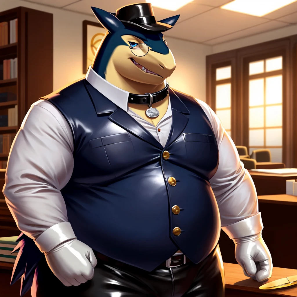 Solo, Male, fat, extremely obese, gentleman, dapper Professor Typhlosion, mob boss, blue eyes, (posing:1.3), (soft shading), 4k, hi res, ((detailed face, detailed)), looking at viewer, mouth wide open, dapper clothing, collared shirt with buttons, bowler hat, male focus, Explorer Outfit, glasses, monocle, vest with buttons, sleeves rolled up, round eyewear, brown headwear, brown vest, office, Typhlosion is wearing a glossy leather dog collar around the neck, Typhlosion is wearing the leather collar and shirt and vest at the same time, Typhlosion is wearing glossy white rubber gloves on the hands, wearing white rubber gloves on the feet, gloves are rubber in texture, clenching teeth, clenching fists, leather collar is glossy and shiny with a lot of detail, Typhlosion is wearing gloves and leather collar at the same time, leather collar has a round dog-tag, leather collar is thick and detailed, leather collar is glossy and shiny, fancy clothing, dapper vest, dapper shirt, leather collar is thick, glossy leather collar.