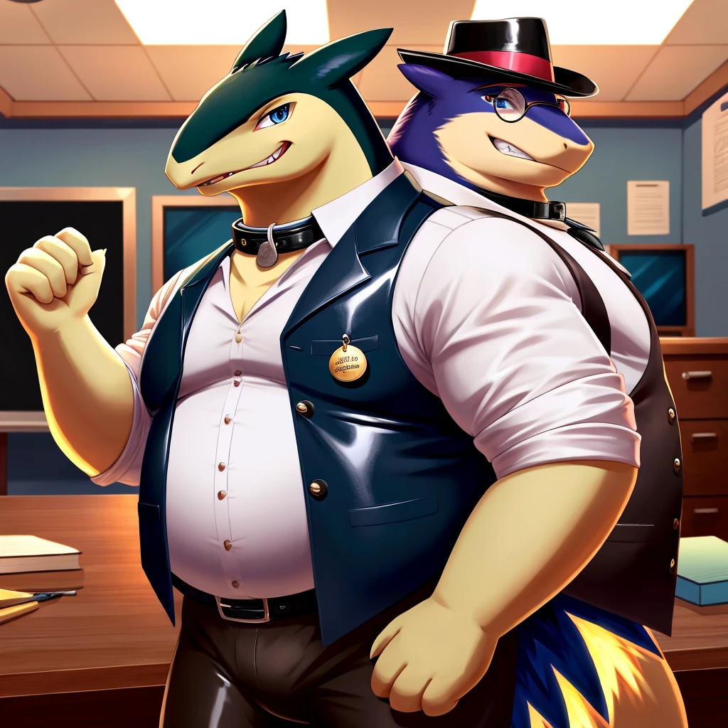 Male, fat, extremely obese, gentleman, dapper Professor Typhlosion with a large penis and testicles, ejaculating sperm from the penis, blue eyes, (posing:1.3), (soft shading), 4k, hi res, ((detailed face, detailed)), looking at viewer, mouth wide open, steampunk, dapper clothing, collared shirt with buttons, top hat, male focus, Explorer Outfit, glasses, monocle, vest with buttons, sleeves rolled up, round eyewear, brown headwear, brown vest, office, Typhlosion is wearing a glossy leather dog collar around the neck, Typhlosion is wearing the leather collar and shirt and vest at the same time, Typhlosion is wearing glossy white rubber gloves on the hands, wearing white rubber gloves on the feet, gloves are rubber in texture, clenching teeth, clenching fists, leather collar is glossy and shiny with a lot of detail, Typhlosion is wearing gloves and leather collar at the same time, leather collar has a round dog-tag, leather collar is thick and detailed, leather collar is glossy and shiny, fancy clothing, dapper vest, dapper shirt, leather collar is thick, glossy leather collar, speem is sticky in texture, a second male Typhlosion in the same attire helping the fat Typhlosion ejaculate sperm by rubbing the fat Typhlosion's penis, second Typhlosion is rubbing the fat Typhlosion's penis.