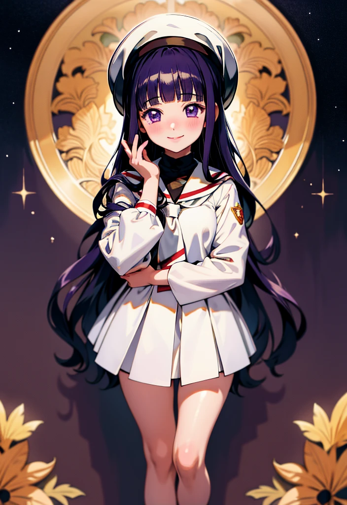 (masterpiece), (best quality), (intricate details), (illustration), (absurdres), (ecstatic),
finely detail, (poster illustration),  
 tomoyo, tomoyo-e, clamp, 
1girl, solo, smile, long hair, hat, white headwear, black hair, purple eyes, blunt bangs,
(skinny fit), (looking at viewer), (blush), (full body), very detailed face,
(detailed background:1.2),
beautiful legs, detailed body, detailed hand, (ultra detailed), SHARP, (highres), (HIGH DETAIL:1.2), finely detailed, soft lighting, beautiful detailed glow,