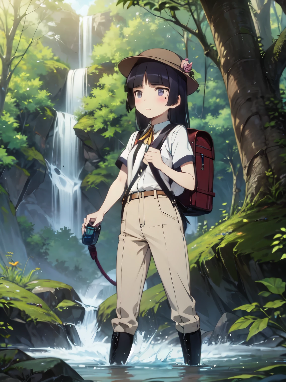 (masterpiece, Highest quality), (ruri gokou), blush, Black Hair, Mole, Mole under eye, One Girl, Long Hair, Hime cut, Jungle exploration, Explorer hat, rope, telescope, Small knife, flashlight, Long trousers, Hiking boots, rucksack, watch、map、lanthanum、Pushing through the bush、evening、Haze、waterfall、Water bottle, full body
